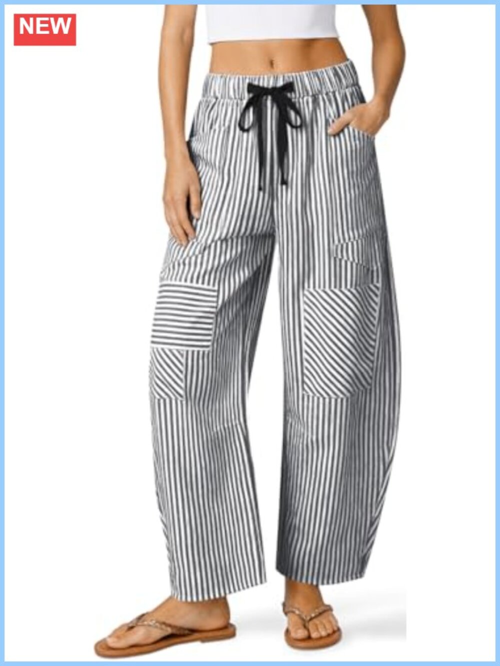 Womens Striped Linen Barrel Pants Wide Leg Drawstring Pockets